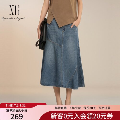 XG雪歌100%棉简约百搭A字牛仔半裙女2025夏款中长裙XK203008A519