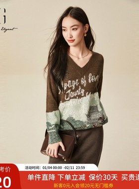 xg雪歌撞色V领落肩套头针织衫女2024冬新款小众毛衣XJ411099B393