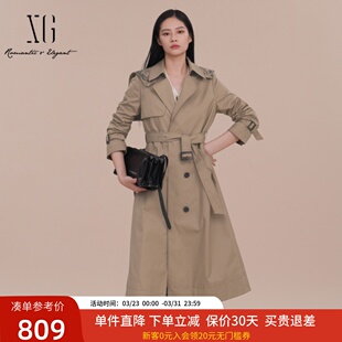 XG雪歌设计感海军领风衣女2025春新款 卡其色中长外套XK108006A273