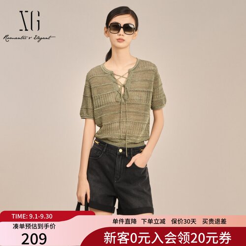 XG雪歌吸睛镂空V领针织衫女25夏款个性系带短袖上衣XK211010A585
