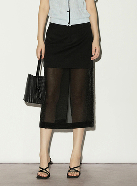 XG雪歌2026夏黑色网纱拼接半身裙性感直筒中长裙子女XL203009A290