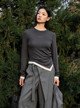 XG雪歌撞色正肩上衣女2026春款抽褶修身显瘦打底T恤XL101007A115