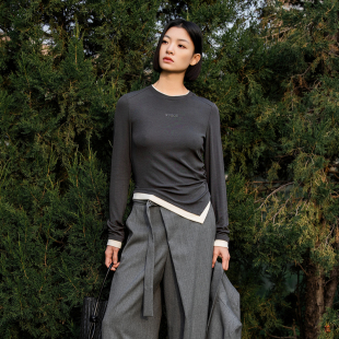 XG雪歌撞色正肩上衣女2026春款 显瘦打底T恤XL101008A184 抽褶修身