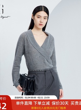 xg雪歌法式交叉叠领套头针织衫女24秋款V领长袖毛衣XJ311023A481