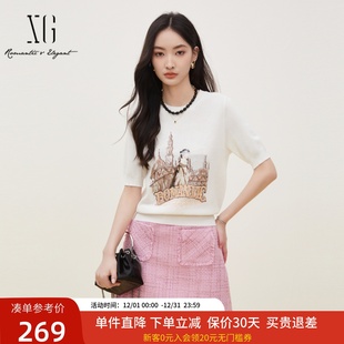 XJ311007A160 女短袖 xg雪歌2024秋新款 趣味减龄亮片绣花圆领针织衫