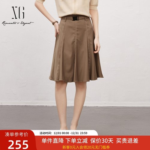 XG雪歌复古高腰半身裙女25春新款通勤简约中长A字裙XK103017A373