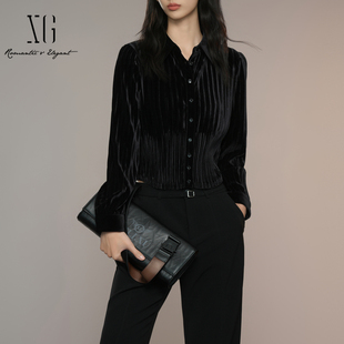 XG雪歌2025秋静奢风法式 女XK321029A490 压褶高智通勤收腰磨毛衬衫