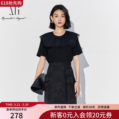 XG雪歌新中式云肩盘扣黑色T恤女2025夏新款短袖上衣XK201002A690