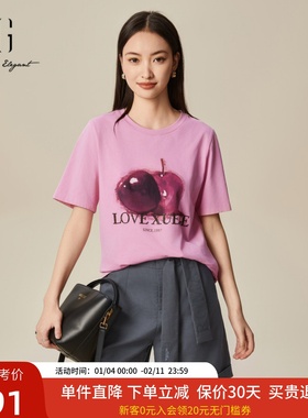 XG雪歌25春款100%棉樱桃印花休闲宽松正肩短袖T恤女XK101008A408