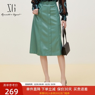xg雪歌复古老钱风高腰半身裙女2024秋新款 休闲中长裙XJ303010A445