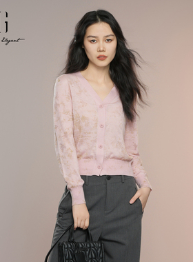 XG雪歌2025秋款文艺提花显瘦V领通勤长袖针织开衫女XK311040B308