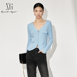 xg雪歌2024冬新款修身百搭酷飒短款V领针织开衫女XK411507A821