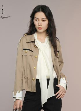 XG雪歌2025秋款撞色拼接翻领酷飒风衣外套女短款上衣XK308008A309