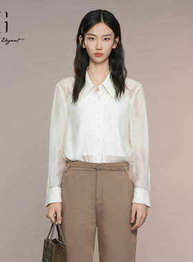 XG雪歌25秋款极简法式压褶白衬衫女高智通勤长袖衬衣XK321020A230