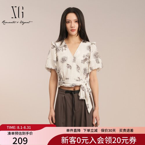 XG雪歌复古印花V领泡泡袖交叉绑带衬衣女短袖25夏款XK221034B194