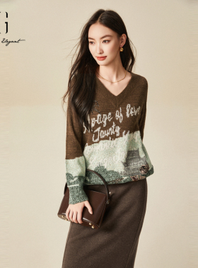 xg雪歌撞色V领落肩套头针织衫女2024冬新款小众毛衣XJ411099B393