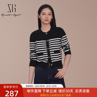 圆领开衫 新款 XK111007B199 女2025春装 XG雪歌学院风黑白条纹针织衫