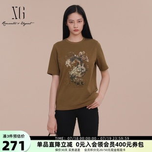 2025春新款 XG雪歌100%棉圆领印花T恤女短袖 休闲上衣XK101014A273