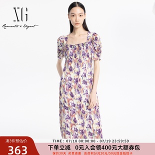 仙女度假感显瘦方领印花连衣裙女24夏新款 xg雪歌法式 XJ204060B198