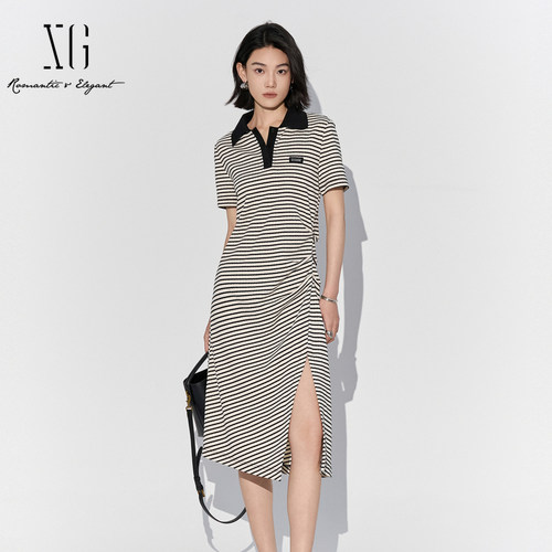 XG雪歌黑白条纹POLO领短袖连衣女2025夏款开叉中长裙XL204555B899