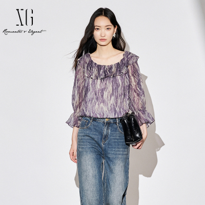 XG雪歌法式浪漫扎染长袖衬衣女2025秋款天丝方领衬衫XK321001B194