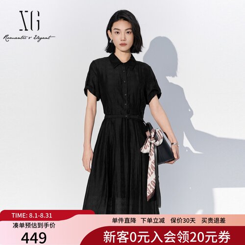 XG雪歌黑色短袖翻领连衣裙女2025夏款天丝收腰中长裙XK204050A490