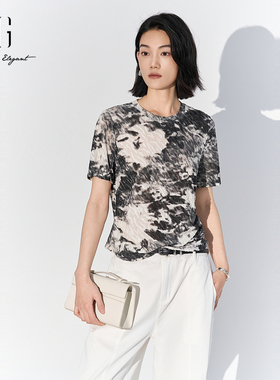 XG雪歌吸睛黑白扎染圆领短袖T恤女25夏新款圆领上衣XL201532B806