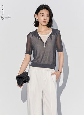 XG雪歌酷感灰色连帽短袖针织衫女2025夏新款套头上衣XL211812A884