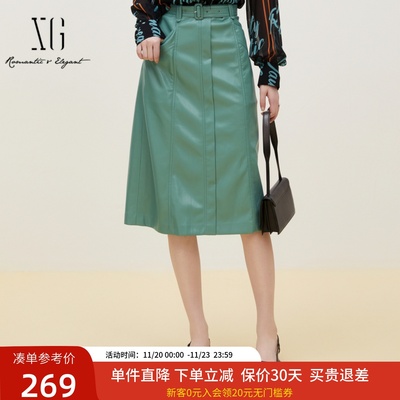 xg雪歌复古老钱风高腰半身裙女2024秋新款休闲中长裙XJ303010A445