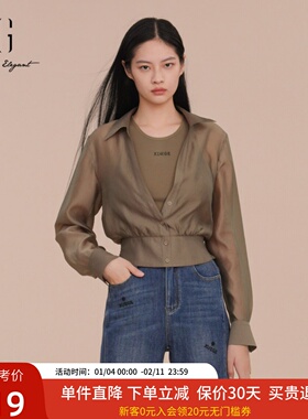 XG雪歌复古咖色长袖翻领衬衫2025春新款微透上衣女XK121008A309