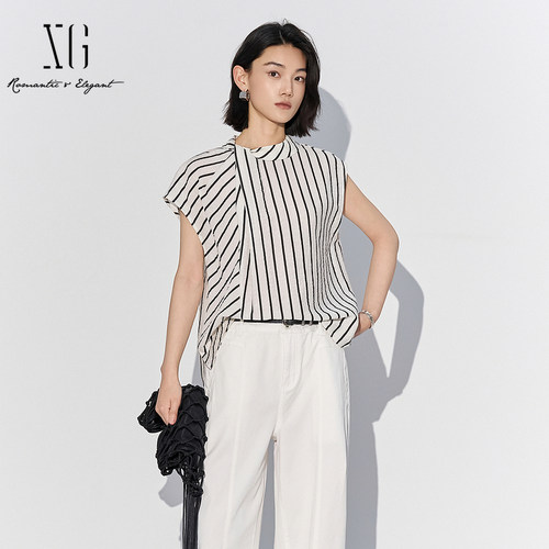 XG雪歌2025夏款慵懒宽松法式交襟立领条纹衬衫女上衣XL221838B899