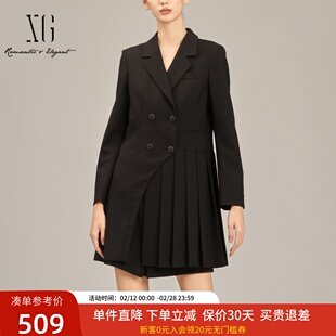 XG雪歌赫本风黑色西装外套连衣裙收腰短裙2025春新款XK107001A190