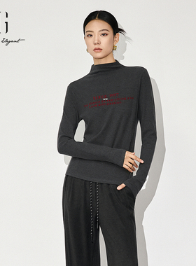 XG雪歌25秋款通勤修身百搭字母印花半高领T恤女长袖XL301836A884