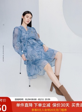 xg雪歌设计感飘带领长袖连衣裙2024秋新款气质中长裙XJ304010B397