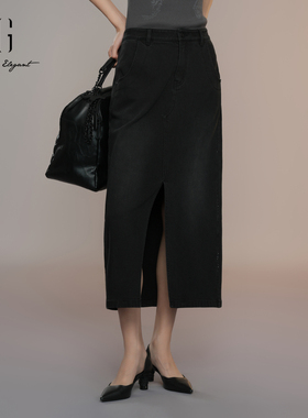 XG雪歌黑色牛仔半身裙女2025秋款高腰直筒开叉中长裙XK303001A190