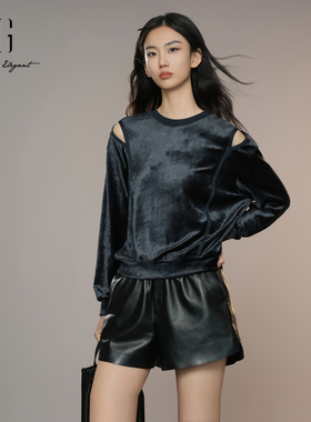 XG雪歌2025秋镂空设计简约百搭磨毛植绒套头卫衣女XK301009A428