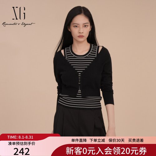 XG雪歌露肩设计感针织衫25季新款条纹假两件绵羊毛衫XK111009B390