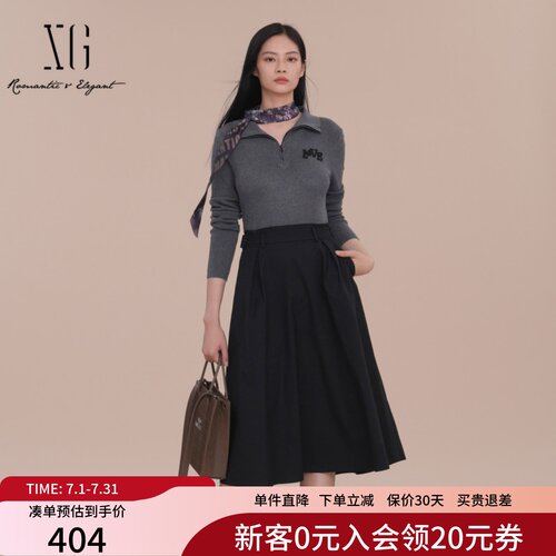 XG雪歌假两件针织连衣裙女2025春新款黑色长袖A字裙XK111013B290