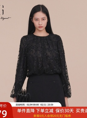 XG雪歌手工珠片黑色衬衣女2025春新款套头衬衫上衣XK121027A290