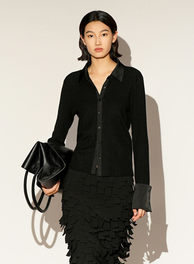 XG雪歌毛针织衫女专柜同款黑色2026春款缎感衬衫开衫XL111006A190