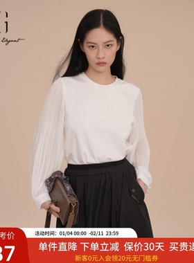 XG雪歌网纱拼接白色T恤女长袖2025春新款莱赛尔上衣XK101018A450