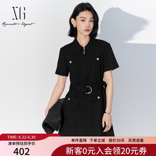 XG雪歌2025夏装新款酷飒黑色短袖工装风拉链连衣裙女XK204049A190