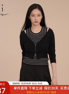XG雪歌露肩设计感针织衫25季新款条纹假两件绵羊毛衫XK111009B390