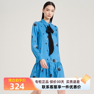 雪歌正品长袖连衣裙2023秋季新款印花衬衫裙女配飘带XI304022B497