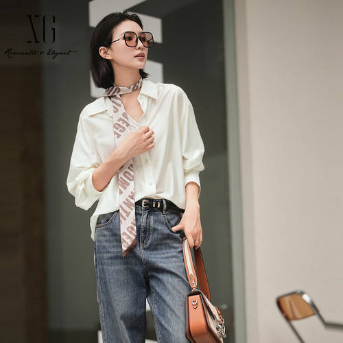 XG雪歌莫代尔棉两件套白衬衣女25秋慵懒范儿长袖衬衫XK321016A151