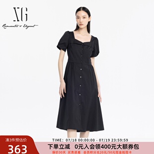 方领连衣裙女2024夏新款 xg雪歌法式 显瘦黑色高腰裙子XJ204017A290