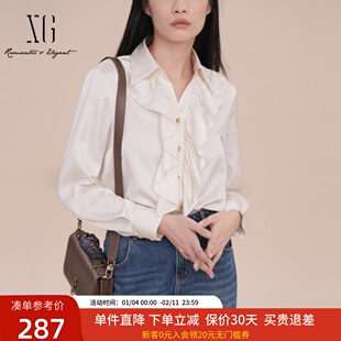 XG雪歌法式设计感翻领白衬衫女2025春新款V领衬衣XK121014A251