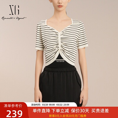 XG雪歌25夏款吸睛黑白条纹抽褶套头针织衫女短袖上衣XK211014B199