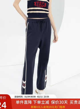 xg雪歌纯棉休闲裤女松紧腰2024春新款撞色直筒裤子XJ102001A128