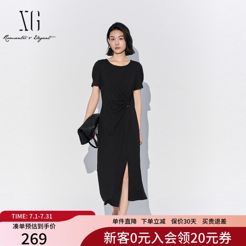 XG雪歌简约黑色短袖连衣裙女2025夏款扭结开叉中长裙XL204844A890